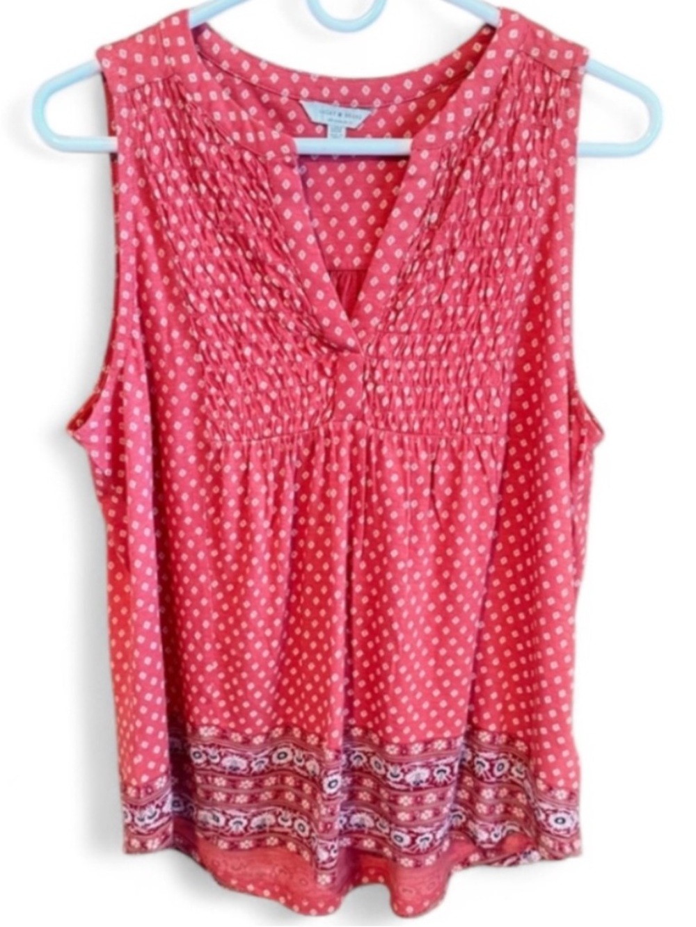 Lucky Brand Boho Smocked Sleeveless Peasant Top Red White M